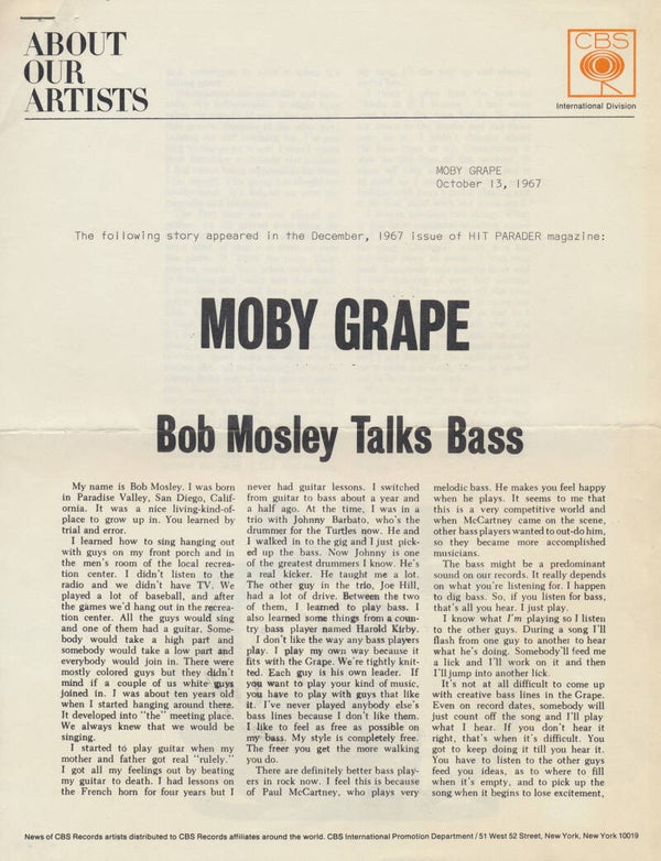Moby Grape - Bob Mosley Talks Bass - October 13, 1967 [USA] - Press Release
