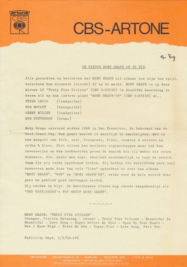 Moby Grape - Truly Fine Citizen - September 1, 1969 [Holland] - Press Release