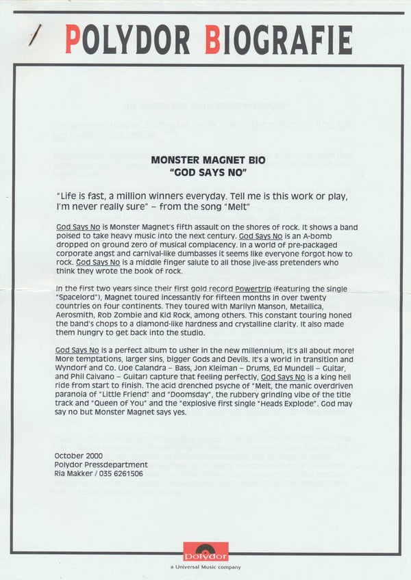 Monster Magnet - God Says No - October 2000 [Holland] - Press Release