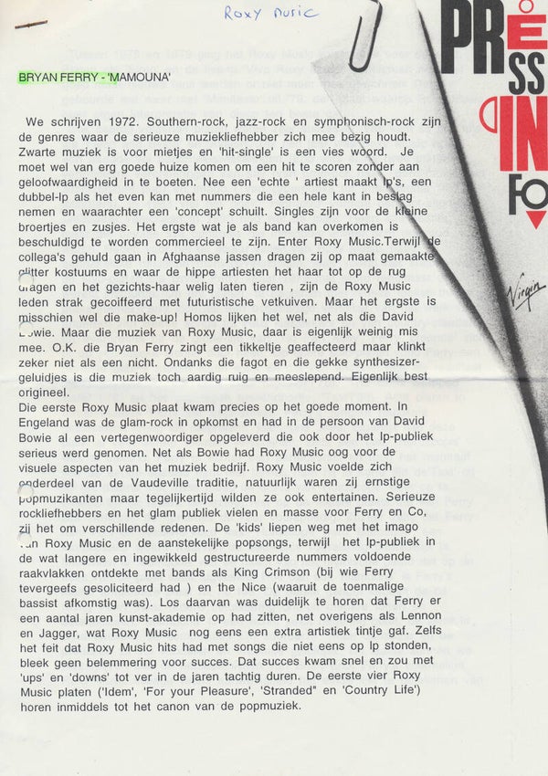 Bryan Ferry - Mamouna - 1994 [Holland] - Press Release