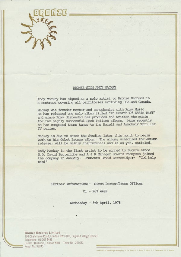 Andy Mackay - April 5, 1978 [UK] - Press Release