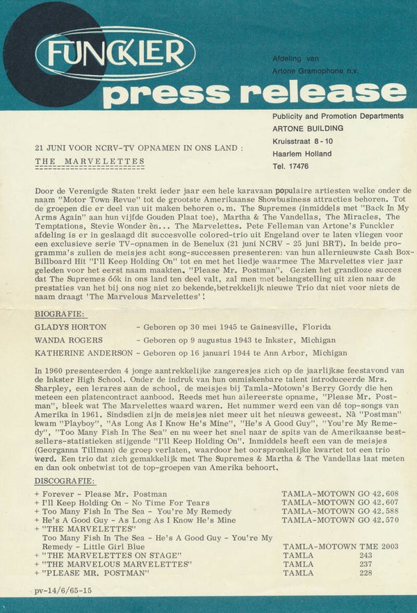 The Marvelettes - NCRV TV Opnamen - June 14, 1965 [Holland] - Press Release