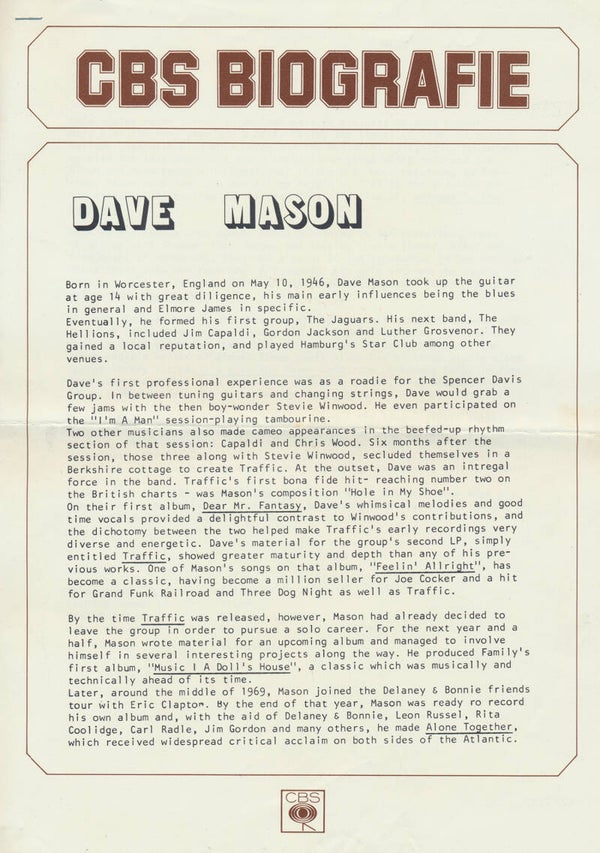 Dave Mason - CBS Biografie - 1974 [Holland] - Press Kit