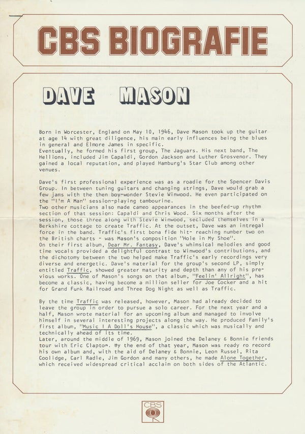 Dave Mason - CBS Biografie - 1974 [Holland] - Press Release