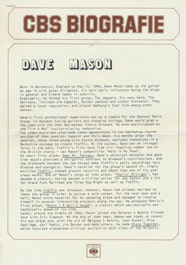 Dave Mason - CBS Biografie - 1974 [Holland] - Press Release