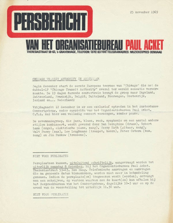 Chicago Transit Authority - Persbericht - November 25, 1969 [Holland] - Press Release