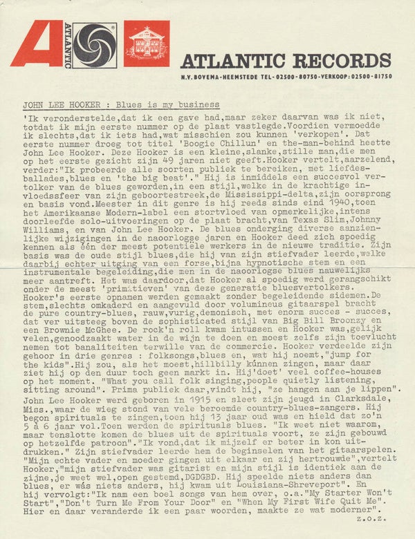 John Lee Hooker Sings His Blues - 1963 [Holland] - Press Release