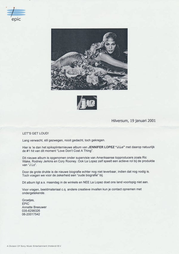 Jennifer Lopez - Let's Get Loud - January 19, 2001 [Holland] - Press Release