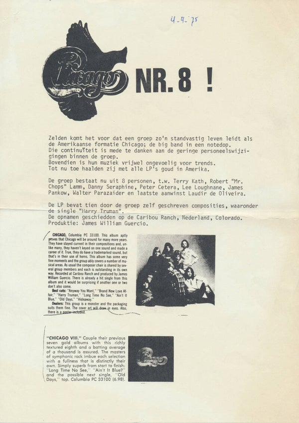 Chicago - Nr. 8! - September 4, 1975 [Holland] - Press Release