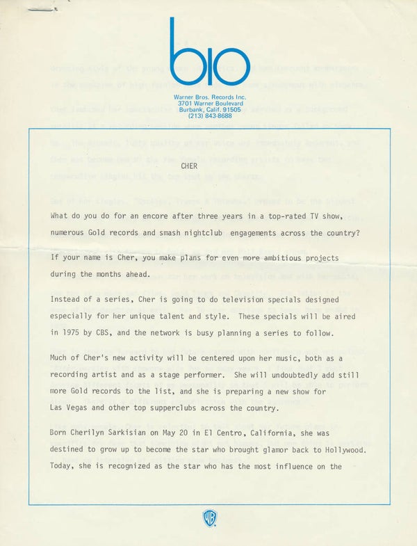 Cher - Bio - November 1974 [USA] - Press Release