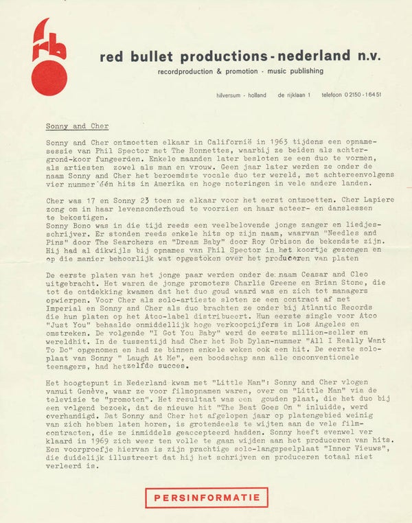 Sonny and Cher - 1968 [Holland] - Press Release