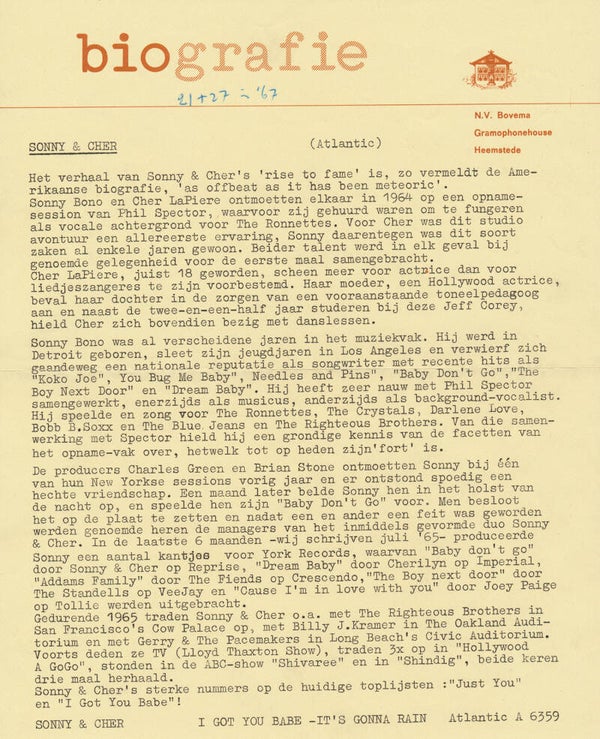 Sonny and Cher - I Got You Babe - 1967 [Holland] - Press Release
