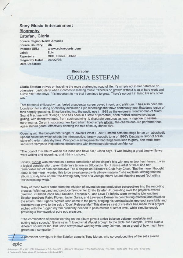 Gloria Estefan - Biography - February 6, 1998 [Holland] - Press Release