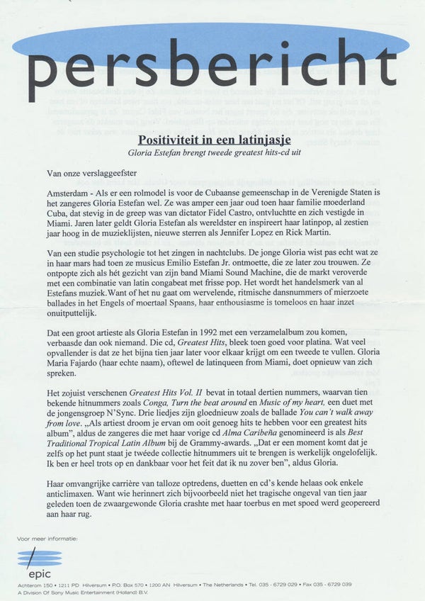 Gloria Estefan - Persbericht - February 2001 [Holland] - Press Release