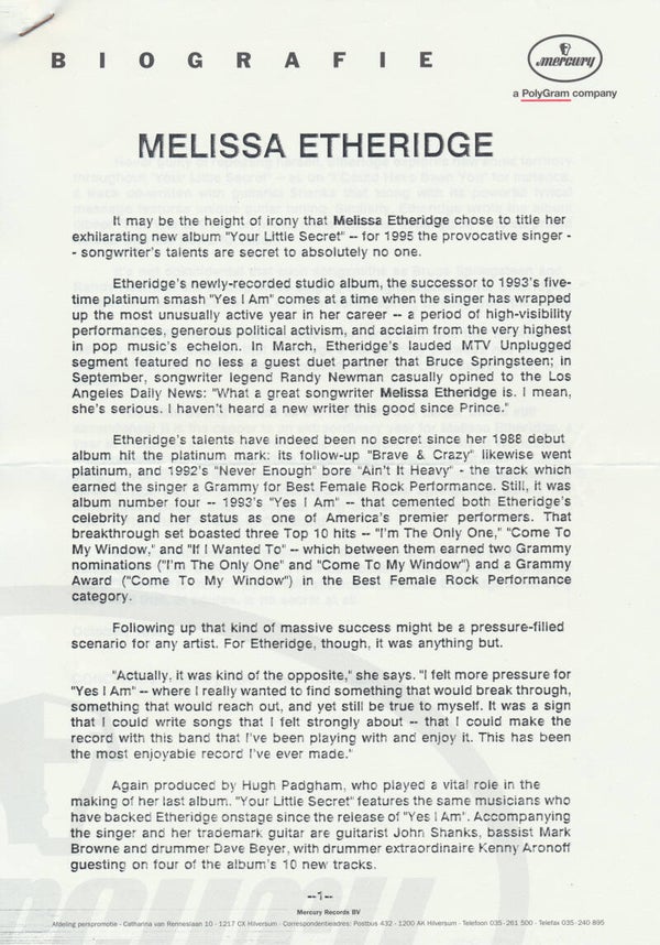 Melissa Etheridge - Biografie - October 1995 [Holland] - Press Release