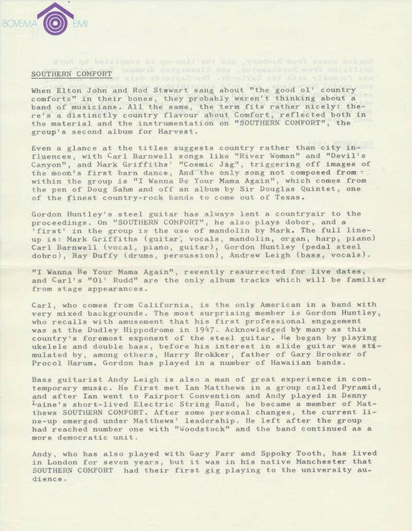 Southern Comfort - December 1971 [Holland] - Press Release