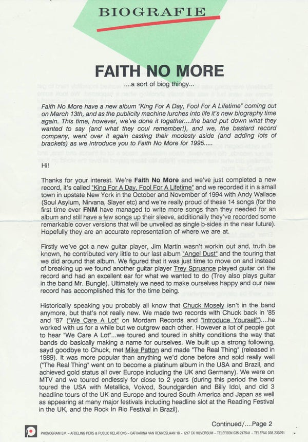Faith No More - Biografie - January 1995 [Holland] - Press Release