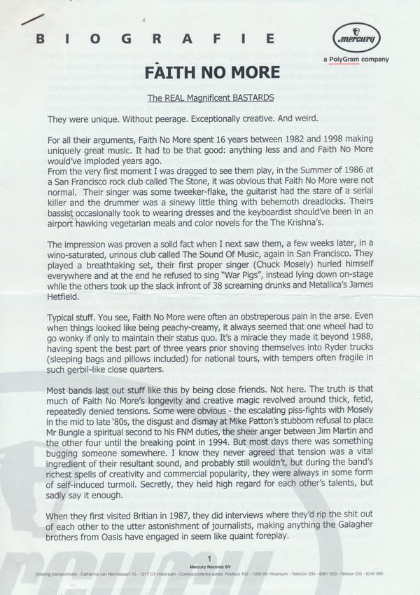 Faith No More - Biografie - August 1998 [Holland] - Press Release