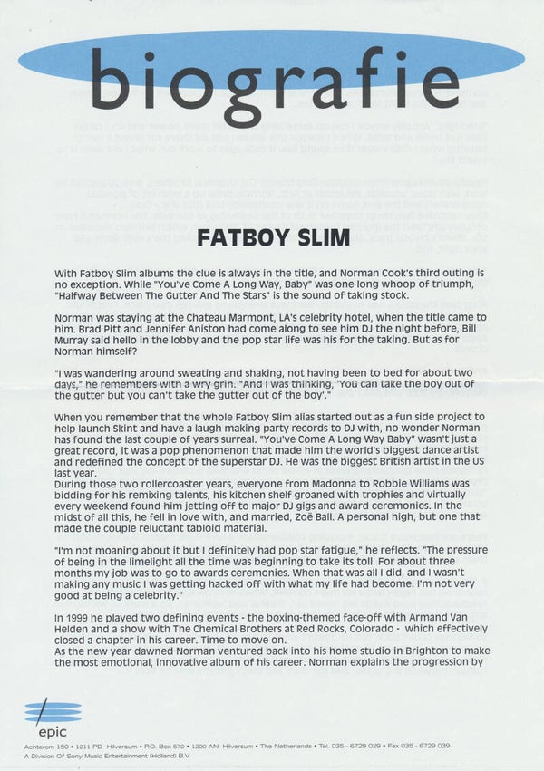 Fatboy Slim - Biografie - 2000 [Holland] - Press Release