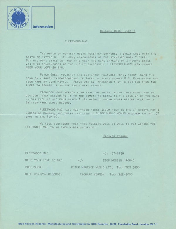 Fleetwood Mac - Need Your Love So Bad - July 5, 1968 [UK] - Press Release