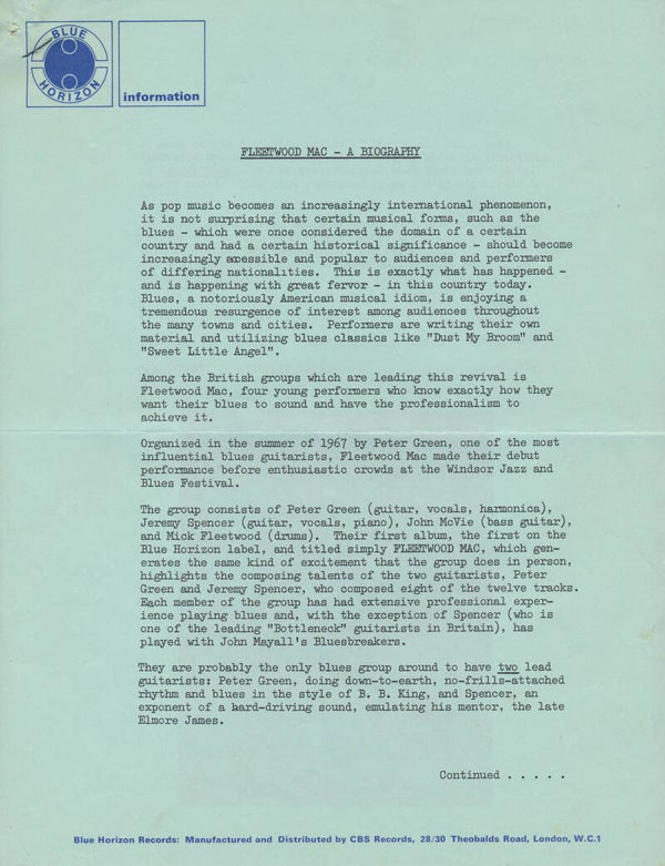 Fleetwood Mac - A Biography - 1968 [UK] - Press Release