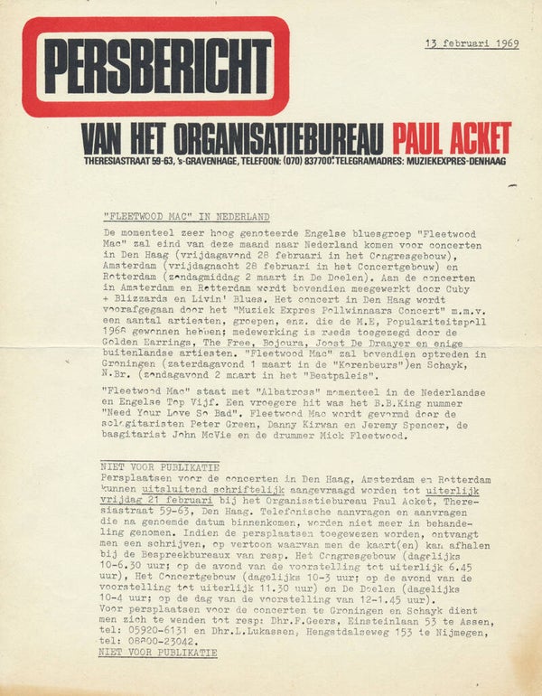 Fleetwood Mac - In Nederland - February 13, 1969 [Holland] - Press Release