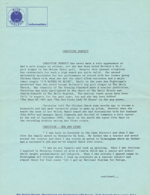 Christine Perfect - September 1969 [UK] - Press Release