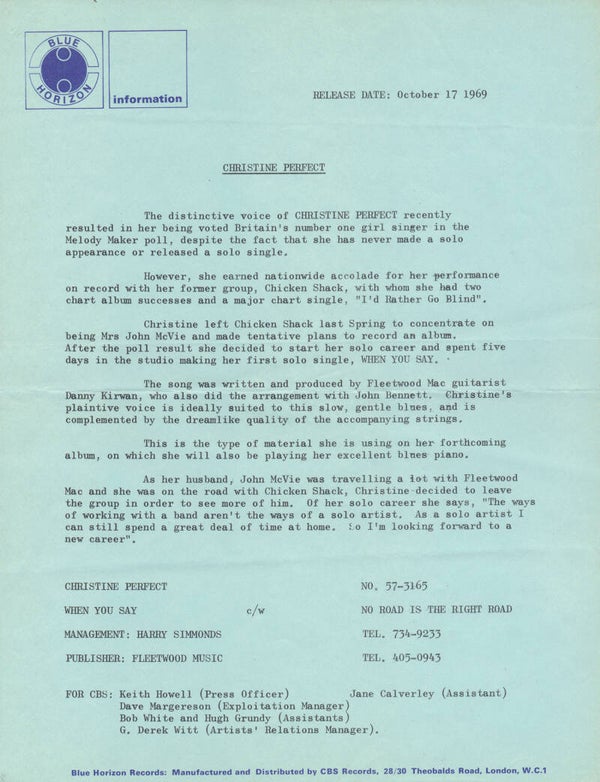Christine Perfect - When You Say - October 17, 1969 [UK] - Press Release
