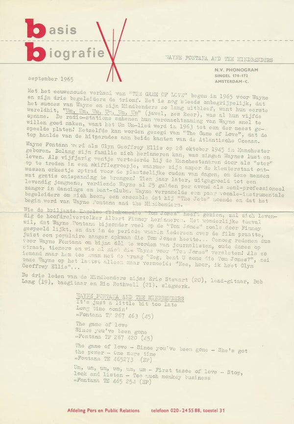 Wayne Fontana and the Mindbenders - September 1965 [Holland] - Press Release