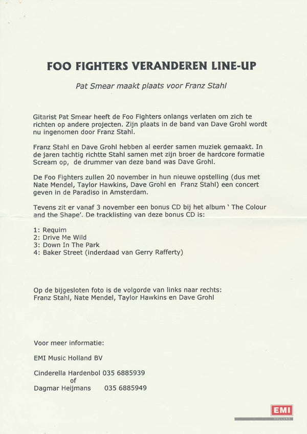 Foo Fighters - Veranderen Line-Up - November 1997 [Holland] - Press Release