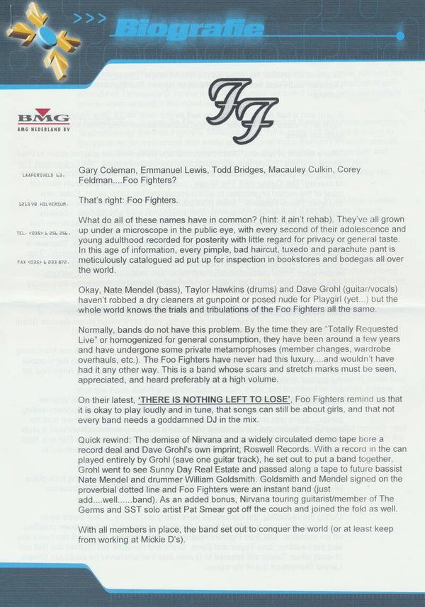 Foo Fighters - There Is Nothing Left To Lose - October 1999 [Holland] - Press Release