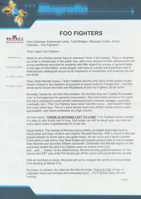Foo Fighters - There Is Nothing Left To Lose - October 1999 [Holland] - Press Release