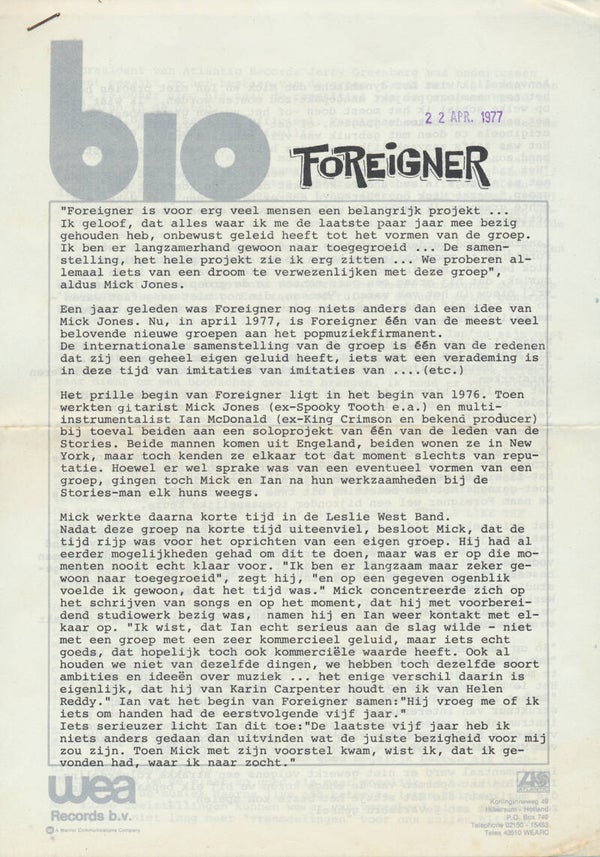 Foreigner - Bio - April 22, 1977 [Holland] - Press Release