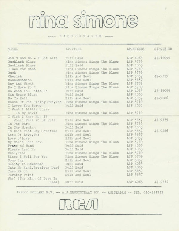 Nina Simone - Biografie - January 1969 [Holland] - Press Release