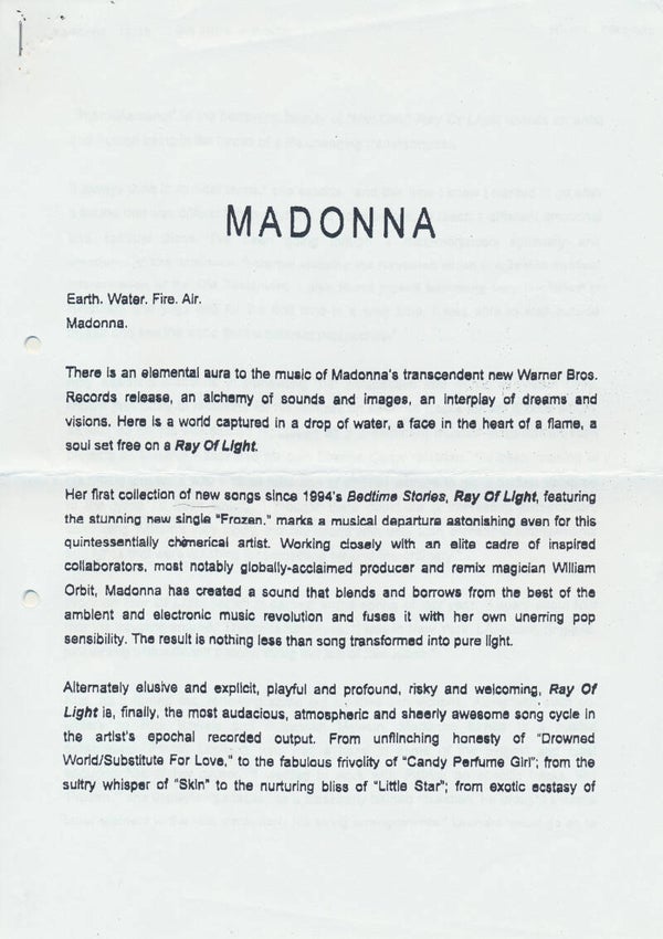 Madonna - Earth. Water. Fire. Air - February 5, 1998 [Holland] - Press Release