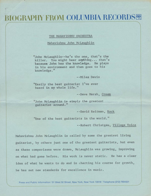 Mahavishnu Orchestra - Biography - December 1971 [USA] - Press Release