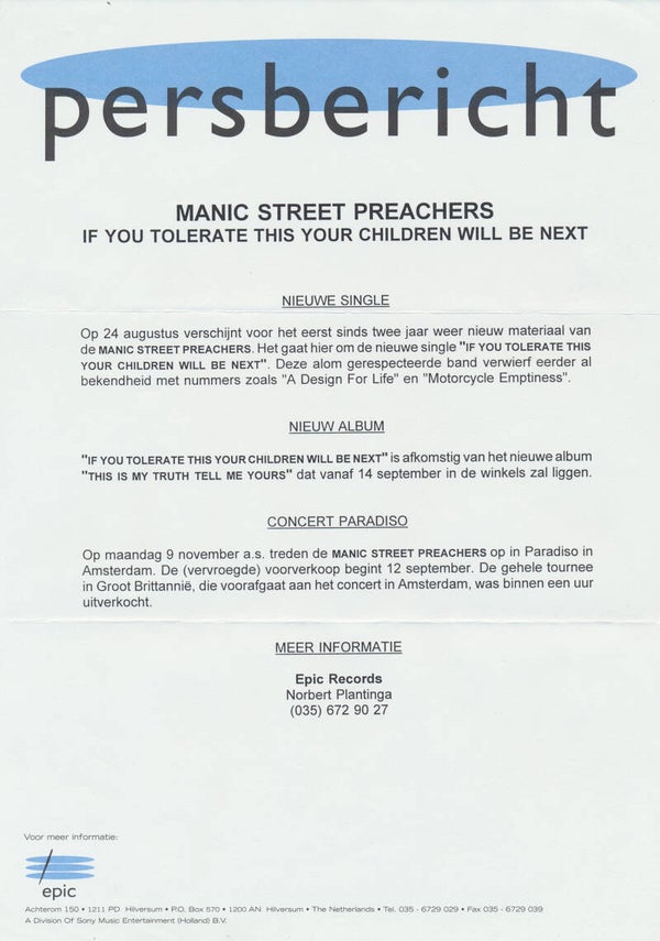 Manic Street Preachers - If You Tolerate This Your Children Will Be Next - 1998 [Holland] - Press Release