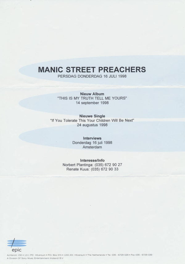 Manic Street Preachers - Persdag - July 16, 1998 [Holland] - Press Release