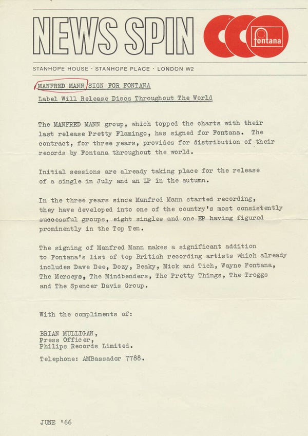 Manfred Mann Sign For Fontana - June 1966 [UK] - Press Release