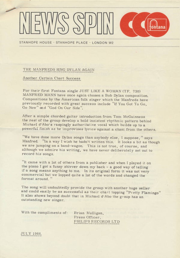Manfred Mann - Just Like A Woman - July 1966 [UK] - Press Release