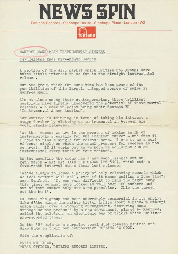 Manfred Mann - Instrumental Assassination - March 1967 [UK] - Press Release