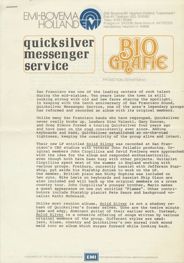 Quicksilver Messenger Service - Solid Silver - 1975 [Holland] - Press Release