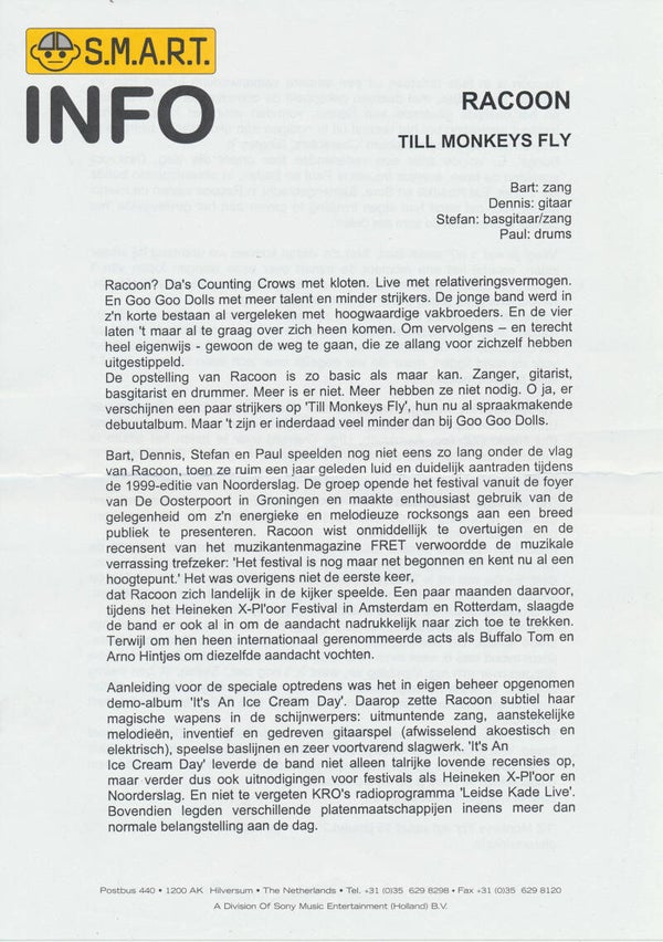 Racoon - Till Monkeys Fly - 2000 [Holland] - Press Release