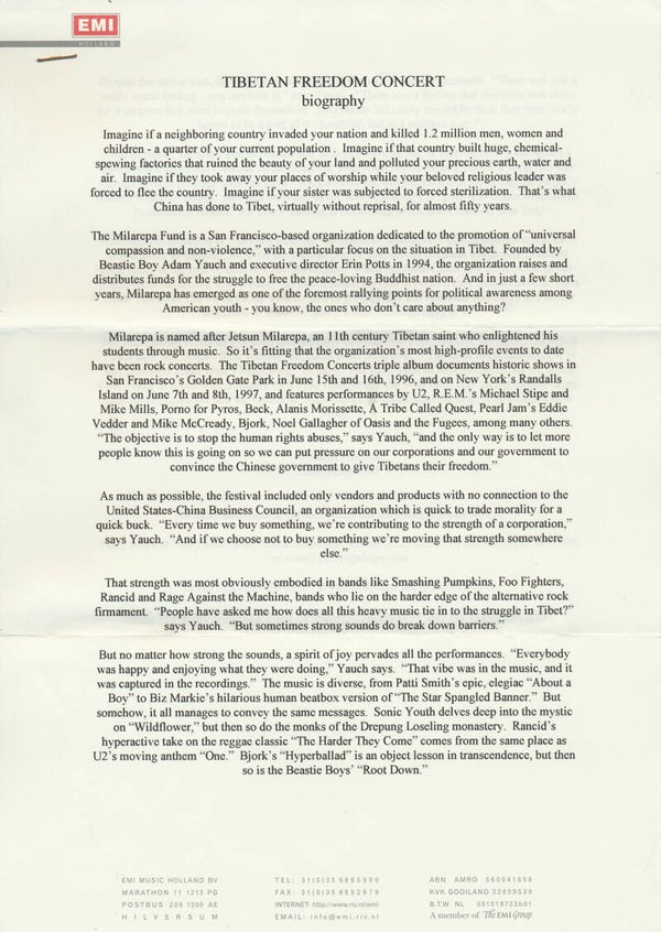 Tibetan Freedom Concert - September 1997 [Holland] - Press Release