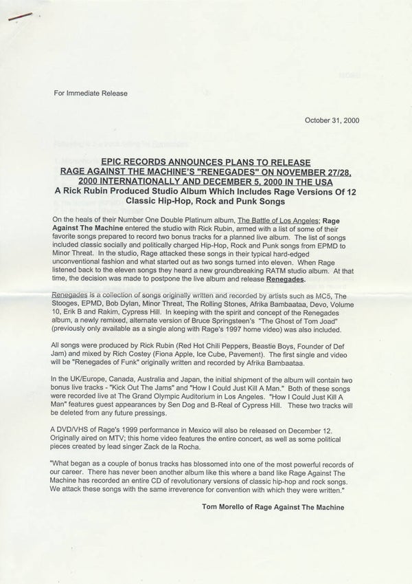 Rage Against The Machine - Renegades - October 31, 2000 [Holland] - Press Release