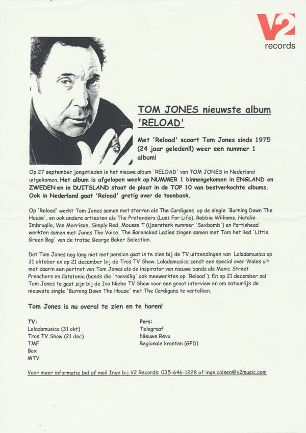Tom Jones - Reload - 1999 [Holland] - Press Release