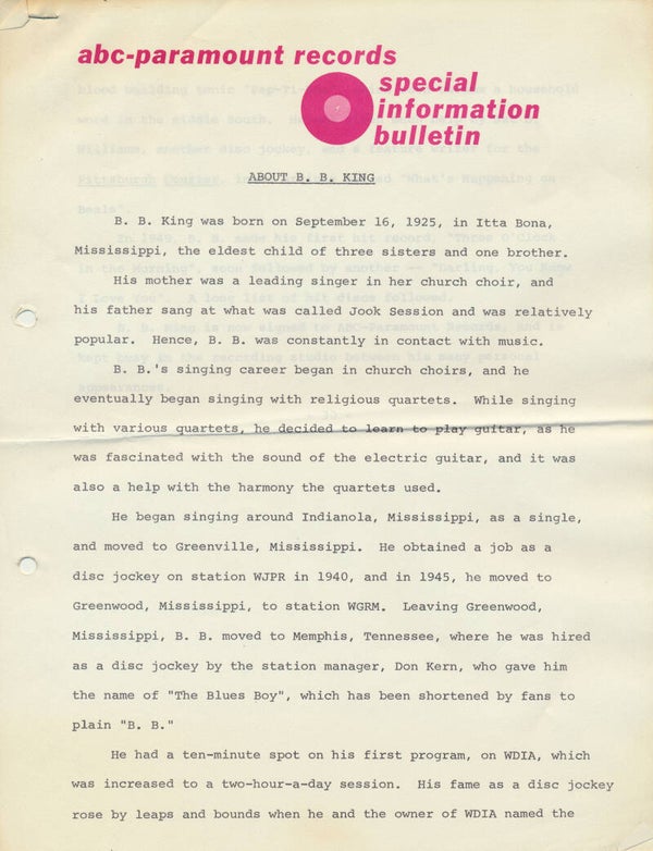 B.B. King - About B.B. King - 1960s [USA] - Press Release
