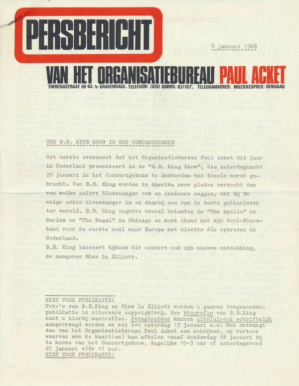 B.B. King in het Concertgebouw - January 8, 1968 [Holland] - Press Release