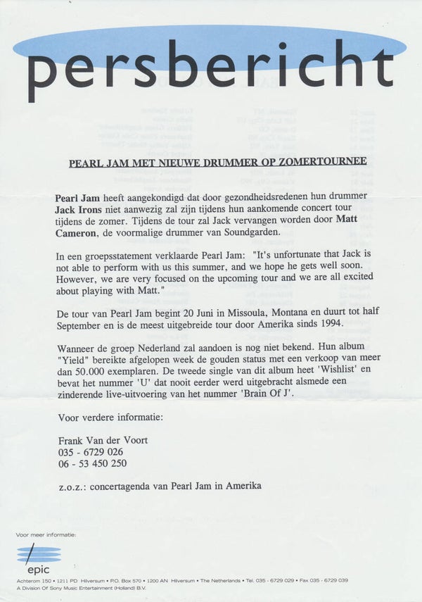 Pearl Jam - Persbericht - 1998 [Holland] - Press Release