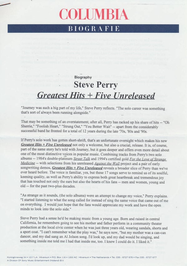 Steve Perry - Biografie - December 1998 [Holland] - Press Release